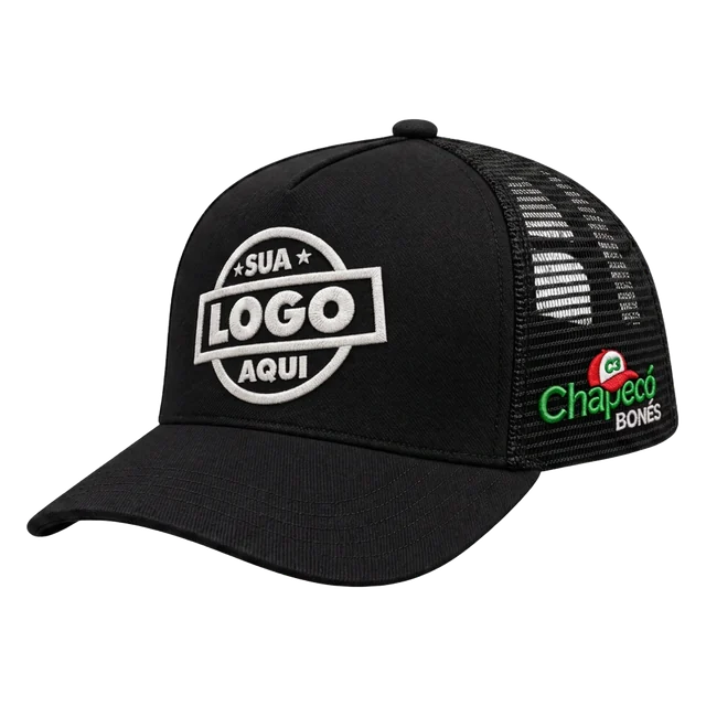 Boné Trucker personalizado com bordado em alto relevo produzido pela Chapecó Bonés