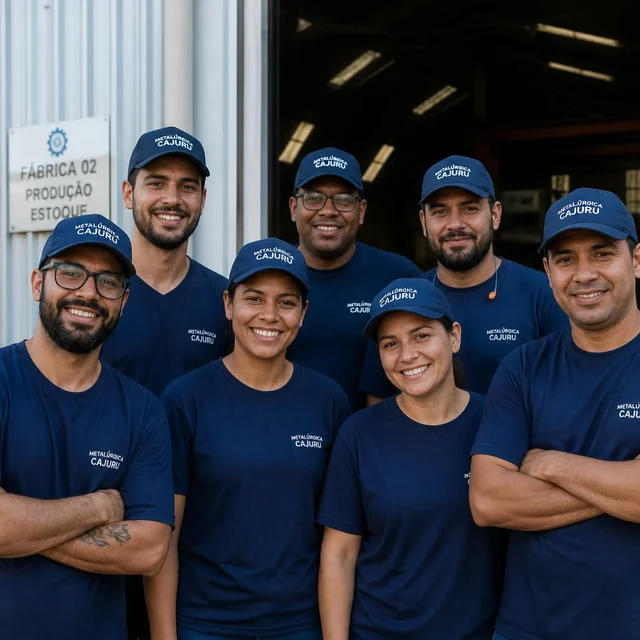 Equipe de colaboradores uniformizada usando bonés personalizados da empresa