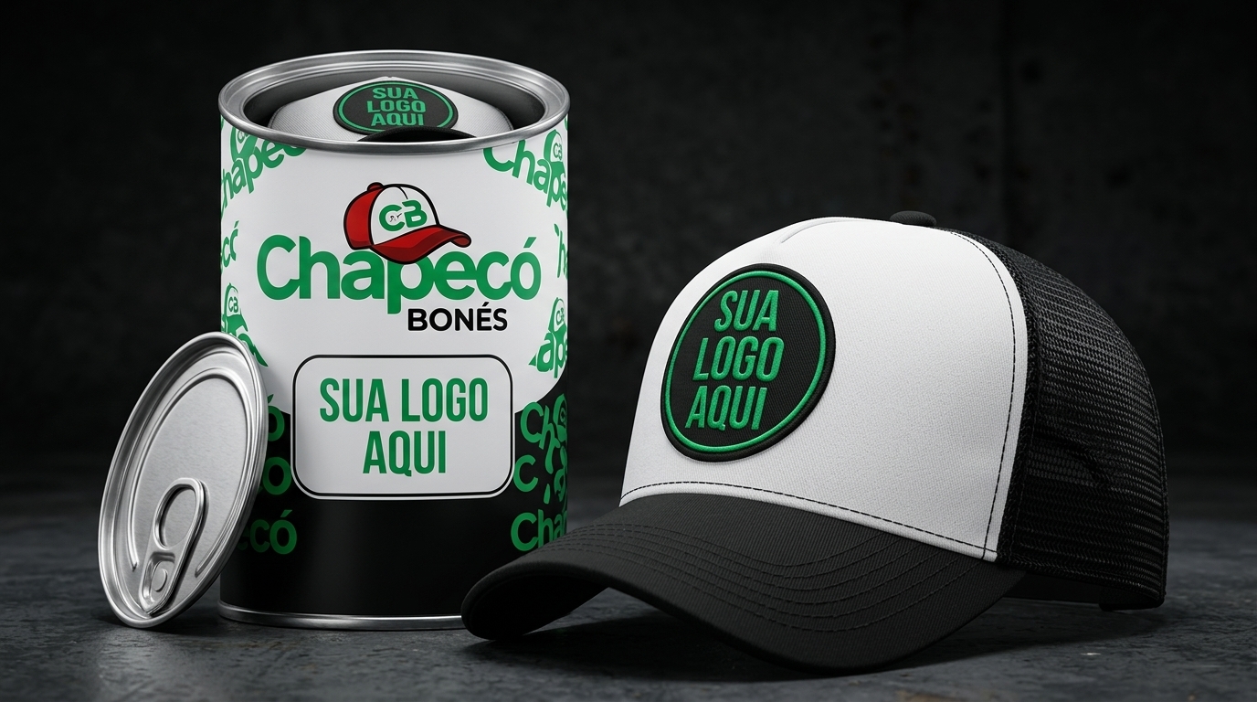 Boné personalizado da Chapecó Bonés dentro da lata do Boné Enlatado®